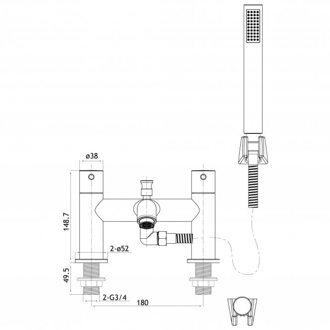 Eastbrook  Meriden Bath Shower Mixer Handset & Hose & Holder Brushed Brass   98.2026