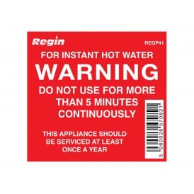 Regin 5 Minute Hot Water Warning Sticker (8 pack) REGP41