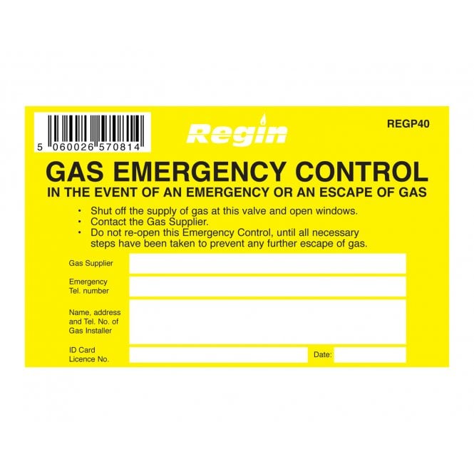 Regin  Gas Emergency Control Sticker (8 Pack) REGP40